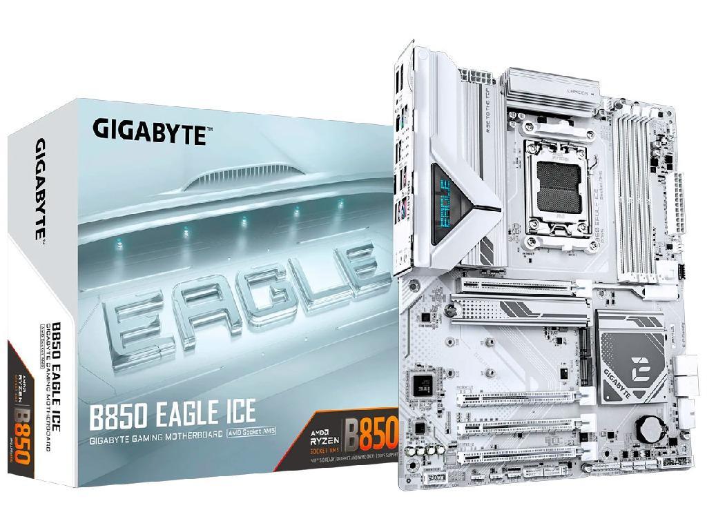 GIGABYTE B850 EAGLE ICE, Socket AM5, 12Phases, AMD B850, Dual 4xDDR5-8200, APU AMD graphics, HDMI, DP, 4xPCIe5.0 X16, 4xSATA3, RAID, 3xM.2 PCIe 5.0, Realtek 7.1 HDA, 1x2.5GbE LAN, 2xUSB 3.2Gen2, 6xUSB3.2 (2C+4A), RGB Fusion 2.0, White, ATX