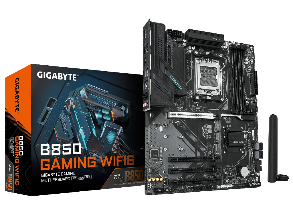 GIGABYTE B850 GAMING WF6, Socket AM5, 10Phases, AMD B85 B850 Dual 4XDDR58200 Apu Amd Graphics Hdmi Dp 4XPCIE50 X16 4XSATA3 Raid 3XM2 Pcie 50 Realtek 71 Hdaspdif 1X25GB E Lan WIFI6EBT 2X
