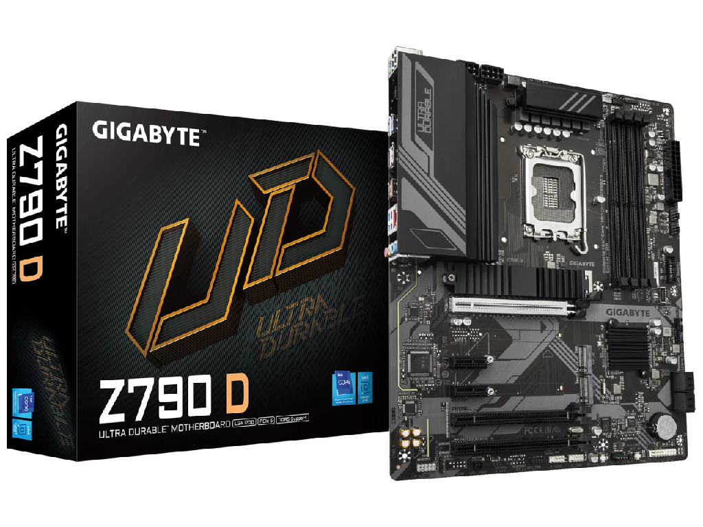 GIGABYTE Z790 D, Socket 1700, Intel® Z790 (14/13/12th Gen CPU), 14Phases, CPU graphics, HDMI, DP, Dual 4xDDR5-7600, 3xPCIe X16 5.0, 4xSATA3, RAID, 3xM.2 4.0, 2xPCIe X1, Realtek HDA 7.1, 2.5GbE LAN, 1xUSB-C 3.2Gen2, 1xUSB 3.2Gen2, 7xUSB3.2(6A+1C), RGB Fusion 2.0, ATX