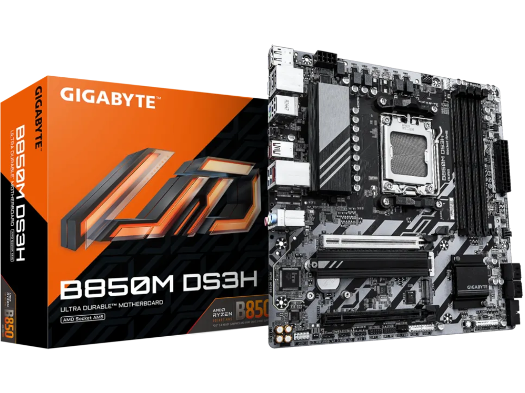GIGABYTE B850M DS3H, Socket AM5, 12Phases, AMD B850, Du Dual 4XDDR58200 Apu Amd Graphics Hdmi 2XDP 2XPCIE50 X16 4XSATA3 Raid 2XM2 Pcie 50 Realtek 71 Hda 1X25GB E Lan 2XUSBC 32GEN2 1XUSB