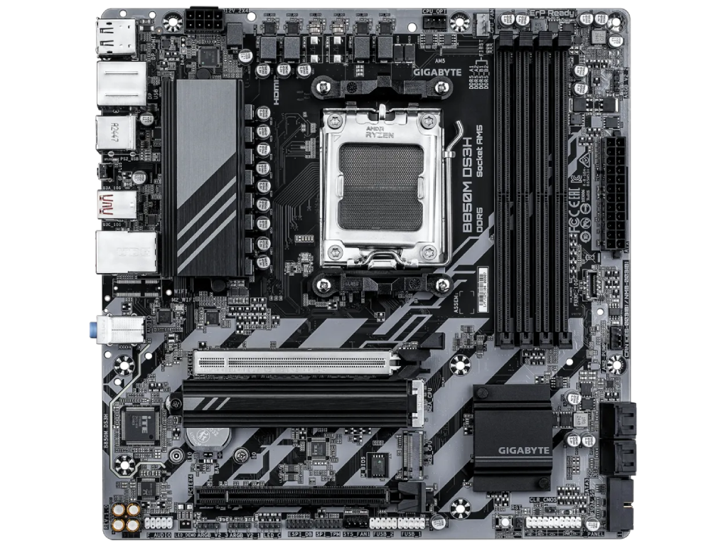 GIGABYTE B850M DS3H, Socket AM5, 12Phases, AMD B850, Du Dual 4XDDR58200 Apu Amd Graphics Hdmi 2XDP 2XPCIE50 X16 4XSATA3 Raid 2XM2 Pcie 50 Realtek 71 Hda 1X25GB E Lan 2XUSBC 32GEN2 1XUSB - миниатюра 2
