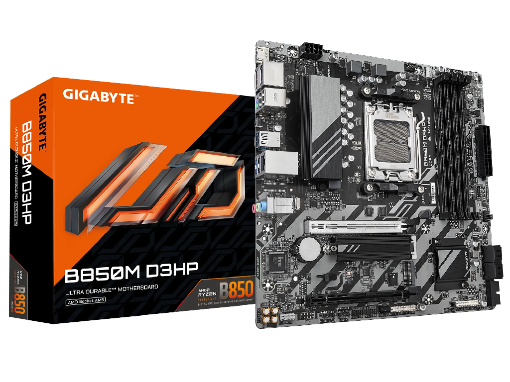 GIGABYTE B850M D3HP, Socket AM5, 9Phases, AMD B850, Dual 4xDDR5-8200, APU AMD graphics, HDMI, 2xDP, 2xPCIe5.0 X16, 4xSATA3, RAID, 2xM.2 PCIe 5.0, Realtek 7.1 HDA, 1x2.5GbE LAN, 2xUSB-C 3.2, 5xUSB3.2, RGB Fusion 2.0, mATX