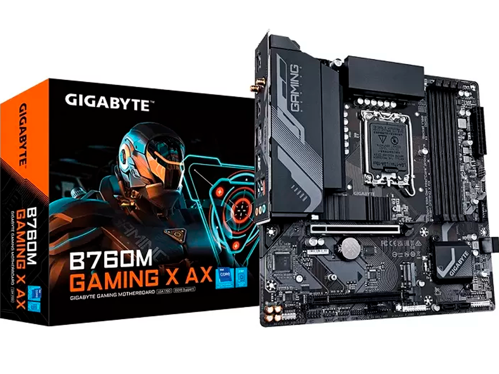 GIGABYTE B760M GAMING X AX, Socket 1700, Intel® B760 (1, 141312TH Gen CPU 10PHASES CPU Igpu Dual 4XDDR57600 Hdmi Dp 2XPCIE X16 4XSATA3 Raid 2XM2 40 ALC897 Hda 71 1X25GB E Lan WIFI6EBT)
