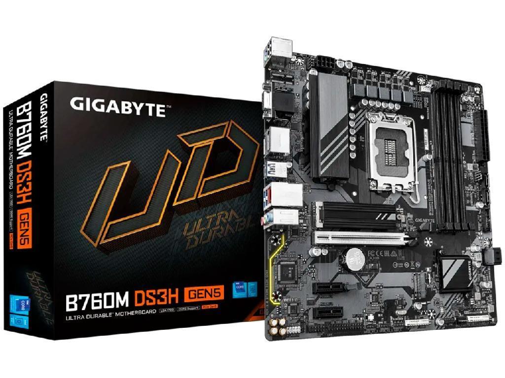 GIGABYTE B760M DS3H GEN5, Socket 1700, Intel® B760 (14/13/12th Gen CPU), 9Phases, CPU iGPU, Dual 4xDDR5-7600, VGA, HDMI, 2xDP, 1xPCIe X16 5.0, 4xSATA3, RAID, 2xM.2 4.0, 2xPCIe X1, ALC897 HDA 7.1, 1x2.5GbE LAN, 1xUSB-C 3.2 Gen2, 5xUSB 3.2, RGB Fusion 2.0, mATX