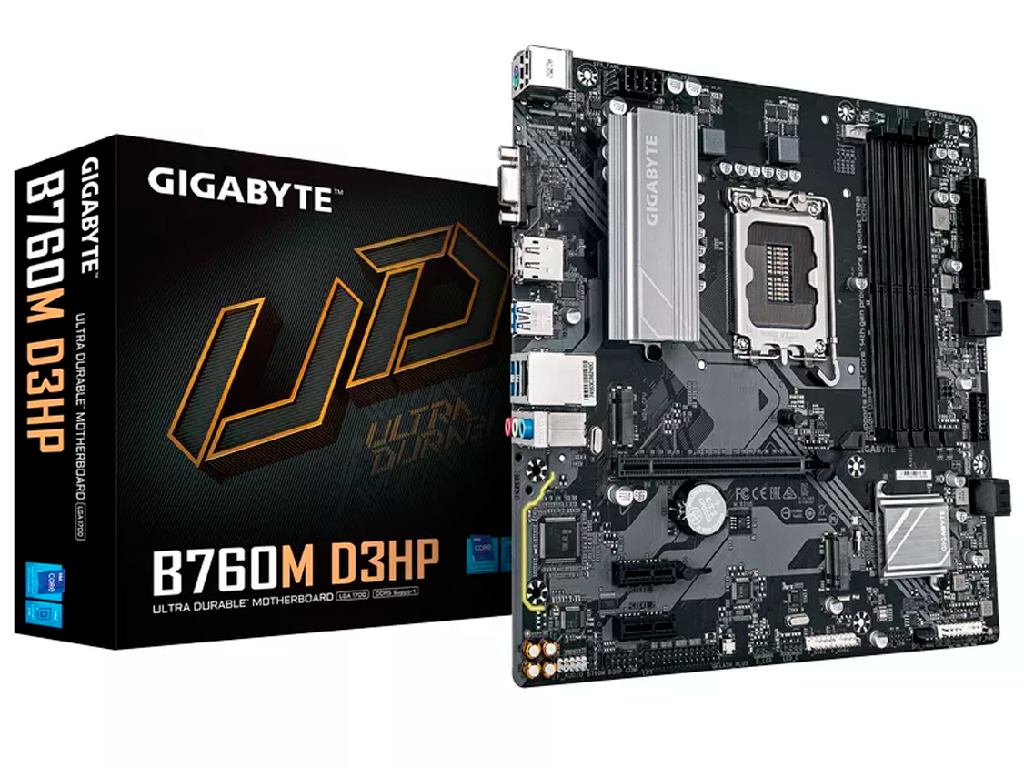 GIGABYTE B760M D3HP, Socket 1700, Intel® B760 (14/13/12th Gen CPU), 9Phases, CPU iGPU, Dual 4xDDR5-5600, VGA, HDMI, 1xDP, 1xPCIe X16, 4xSATA3, RAID, 2xM.2 4.0, 2xPCIe X1, ALC897 HDA 7.1, 1xGbE LAN, 5xUSB 3.2, RGB Fusion, mATX