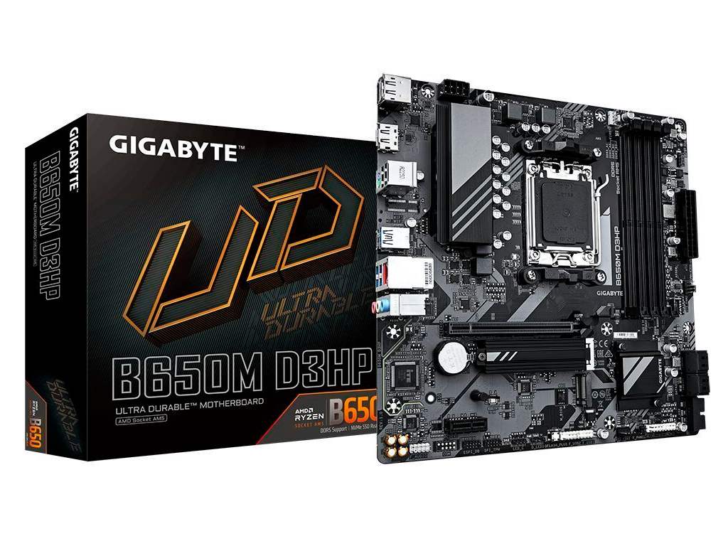 GIGABYTE B650M D3HP, Socket AM5, 9Phases, AMD B650, Dua Dual 4XDDR57600 Apu Amd Graphics 1XHDMI 2XDP 1XPCIE40 X16 4XSATA3 Raid 2XM2PCIE 40 1XPCIEX1 Realtek 71 Hda 1X25GB E Lan 2XUSBC 1XU