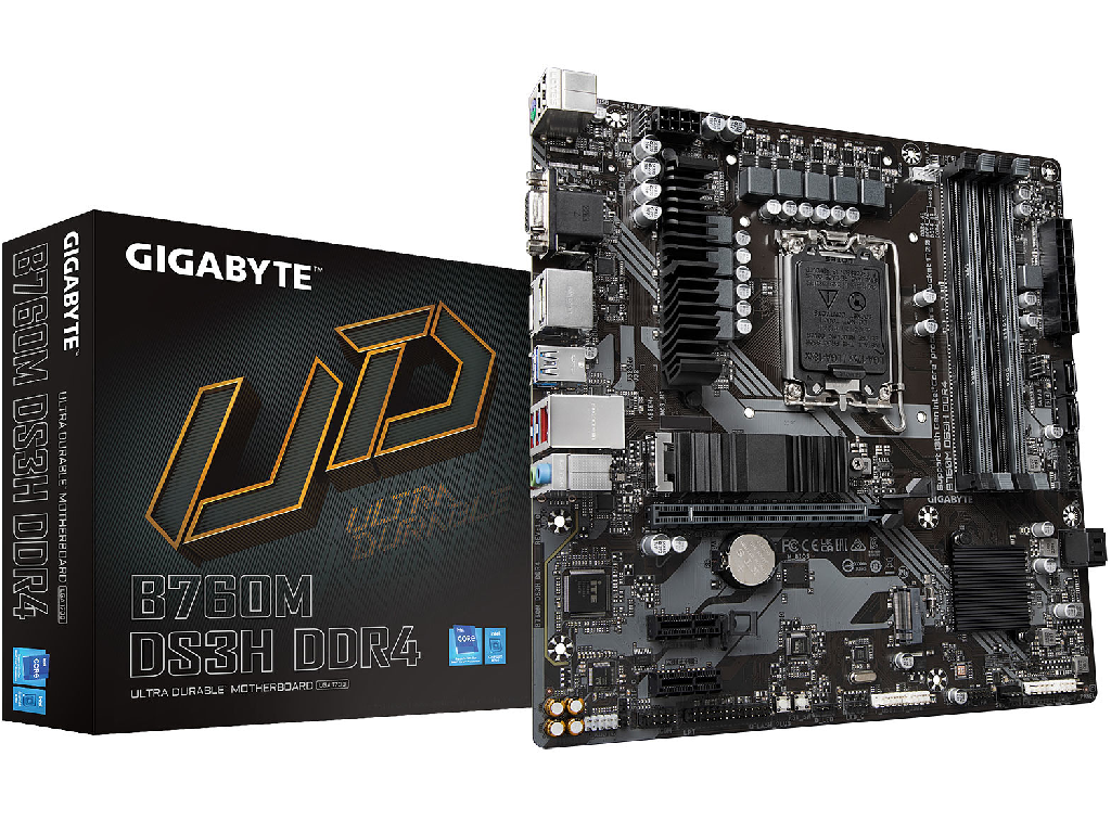 GIGABYTE B760M DS3H DDR4, Socket 1700, Intel® B760 (13/12th Gen CPU), 9Phases, CPU iGPU, Dual 4xDDR4-5333, VGA, HDMI, 2xDP, 1xPCIe X16, 4xSATA3, RAID, 2xM.2 4.0, 2xPCIe X1, ALC897 HDA 7.1, 1x2.5GbE LAN, 1xUSB-C 3.2 Gen2, 5xUSB 3.2, RGB Fusion 2.0, mATX