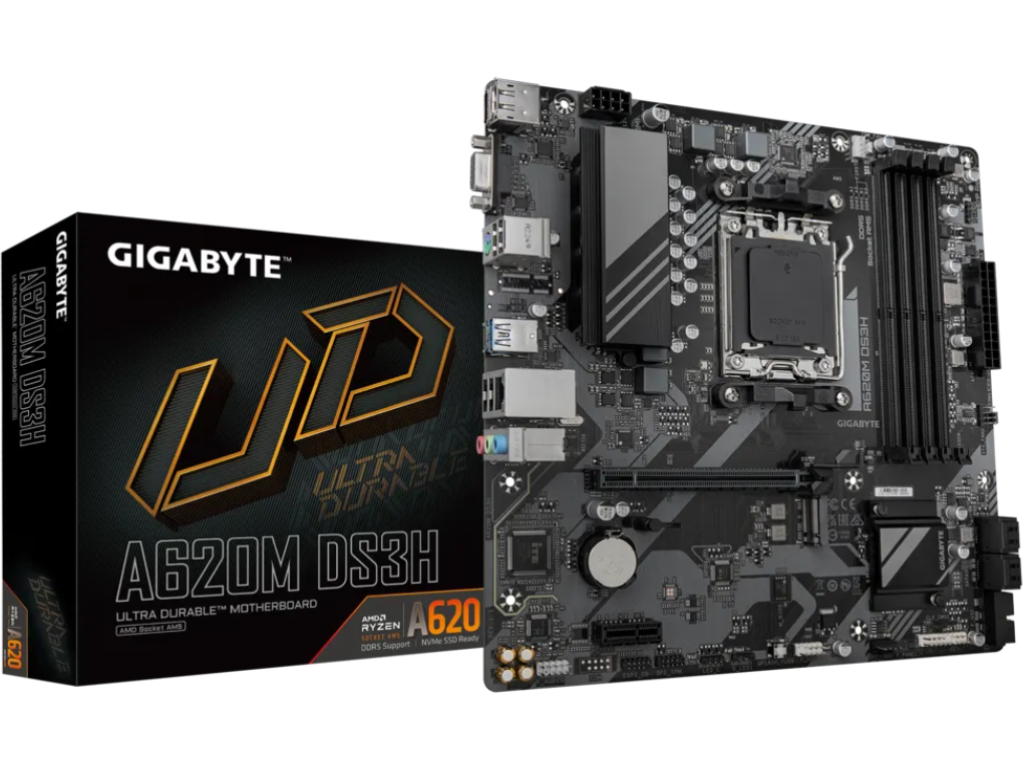 GIGABYTE A620M DS3H, Socket AM5, 9Phases, AMD A620, Dua Dual 4XDDR56400 Apu Amd Graphics 1XVGA 1XHDMI 1XDP 1XPCIE X16 40 4XSATA3 Raid 1XM2PCIE 40 1XPCIEX1 Realtek Hda 71 1XGBE Lan 2XUSB 3