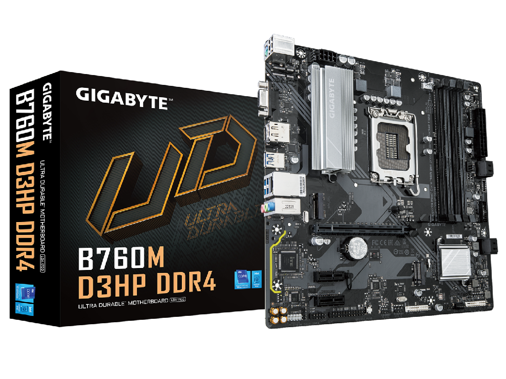 GIGABYTE B760M D3HP DDR4, Socket 1700, Intel® B760 (14/13/12th Gen CPU), CPU iGPU, Dual 4xDDR4-5333, VGA, HDMI, DP, 1xPCIe X16 4.0, 4xSATA3, RAID, 2xM.2 4.0, 2xPCIe X1, ALC897 HDA 7.1, 1xGbE LAN, 1xUSB-C Gen3.2, 5xUSB 3.2, RGB Fusion, mATX
