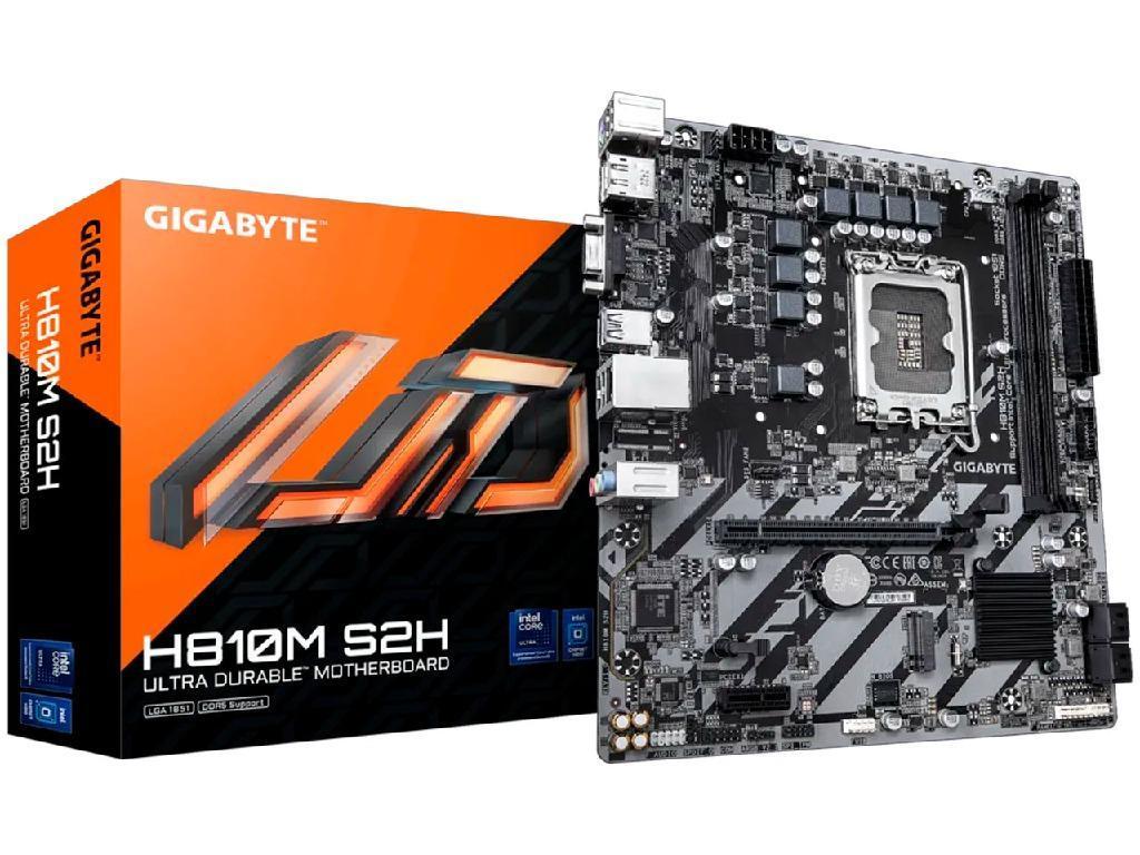 GIGABYTE H810M S2H, Socket 1851, 11Phases, Intel® H810 (Ultra 2 Series CPU), CPU graphics, VGA, HDMI, DP, Dual 2xDDR5-6400, 1xPCIe X16 4.0, 4xSATA3, RAID, 1xM.2 4.0, 1xPCIe X1, Realtek 7.1 HDA, 1GbE LAN, 4xUSB3.2(1C+3A), RGB Aura Sync, mATX