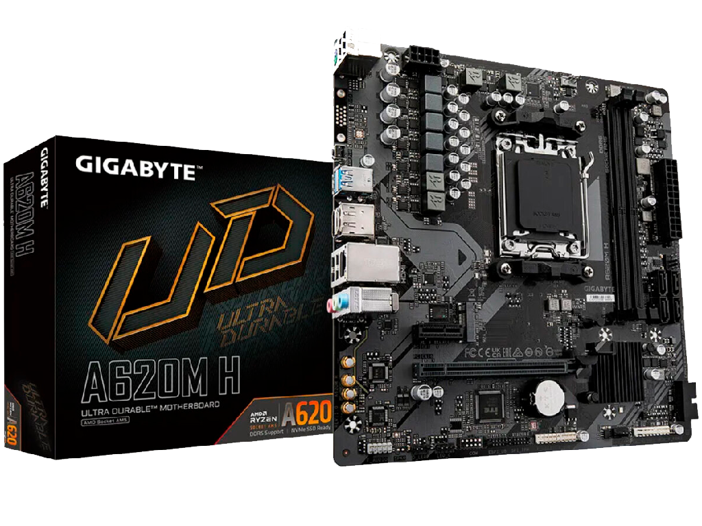 GIGABYTE A620M H, Socket AM5, AMD A620, Dual 2xDDR5-6400, 1xHDMI, 1xDP, 1xPCIe X16 4.0, 4xSATA3, RAID, 1xM.2PCIe 4.0, 1xPCIeX1, Realtek ALC887, 1xGbE LAN, 4xUSB2.0, 2x USB 3.0, mATX