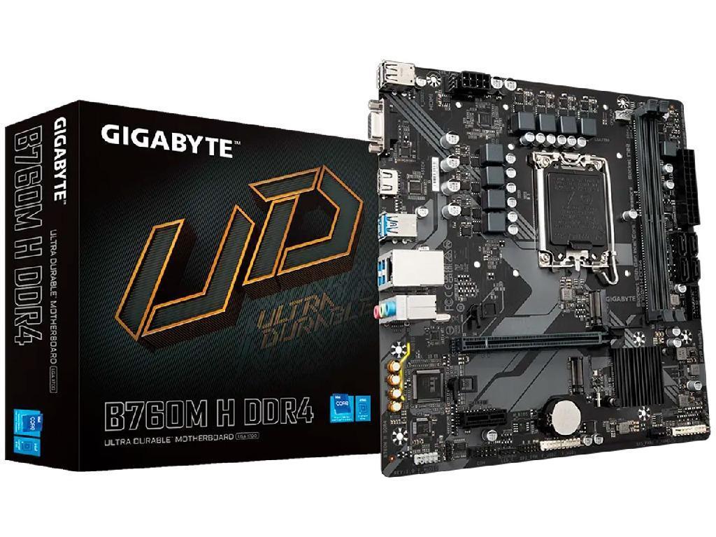GIGABYTE B760M H DDR4, Socket 1700, Intel® B760 (13/12th Gen CPU), 8Phases, CPU iGPU, Dual 2xDDR4-3200, VGA, HDMI, 1xPCIe X16, 4xSATA3, RAID, 2xM.2 4.0, 1xPCIe X1, ALC897 HDA 7.1, 1xGbE LAN, 6xUSB 3.2, RGB Led, mATX