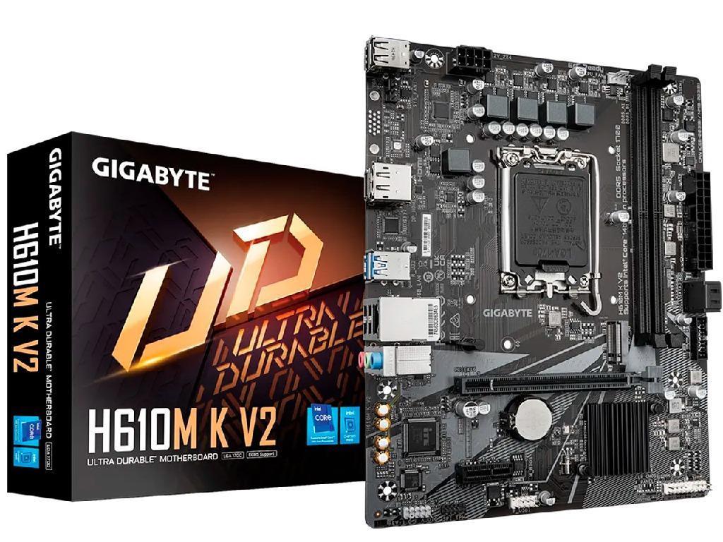 GIGABYTE H610M K V2, Socket 1700, Intel® H610 (14/13/12th Gen CPU), Dual 2xDDR5-5600, HDMI, DP, CPU Intel graphics, 1xPCIe X16 4.0, 2xSATA3, 1xM.2, 1xPCIe X1, ALC897 7.1 HDA, 1xGbE LAN, 4xUSB3.2, mATX