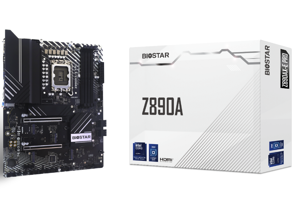BIOSTAR Z890AX-E PRO, Socket 1851, 14Phases, Intel® Z890 (Ultra 2 Series CPU), CPU graphics, 2xHDMI, DP, Dual 4xDDR5-9066, 2xPCIe X16 5.0, 4xSATA3, RAID, 4xM.2 5.0, 2xPCIe X1, 1xWiFi M.2 Key E, ALC1220, 2.5GbE LAN, 2xUSB-C 3.2Gen2, 9xUSB3.2Gen2, Vivid DJ LED, Black, ATX