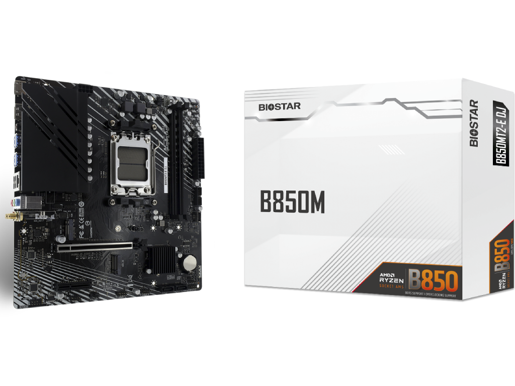 BIOSTAR B850MT2-E DJ, Socket AM5, 8Phases, AMD B850, Dual 2xDDR5-8000, APU AMD graphics, HDMI, DP, 1xPCIe X16, 2xSATA3, RAID, 2xM.2 4.0, 1xM.2-E for WiFi, 1xPCIe X4, ALC897 7.1 HDA, 1x2.5GbE LAN, 1xUSB-C 3.2 Gen2 header, 6xUSB3.2, DJ LED, mATX