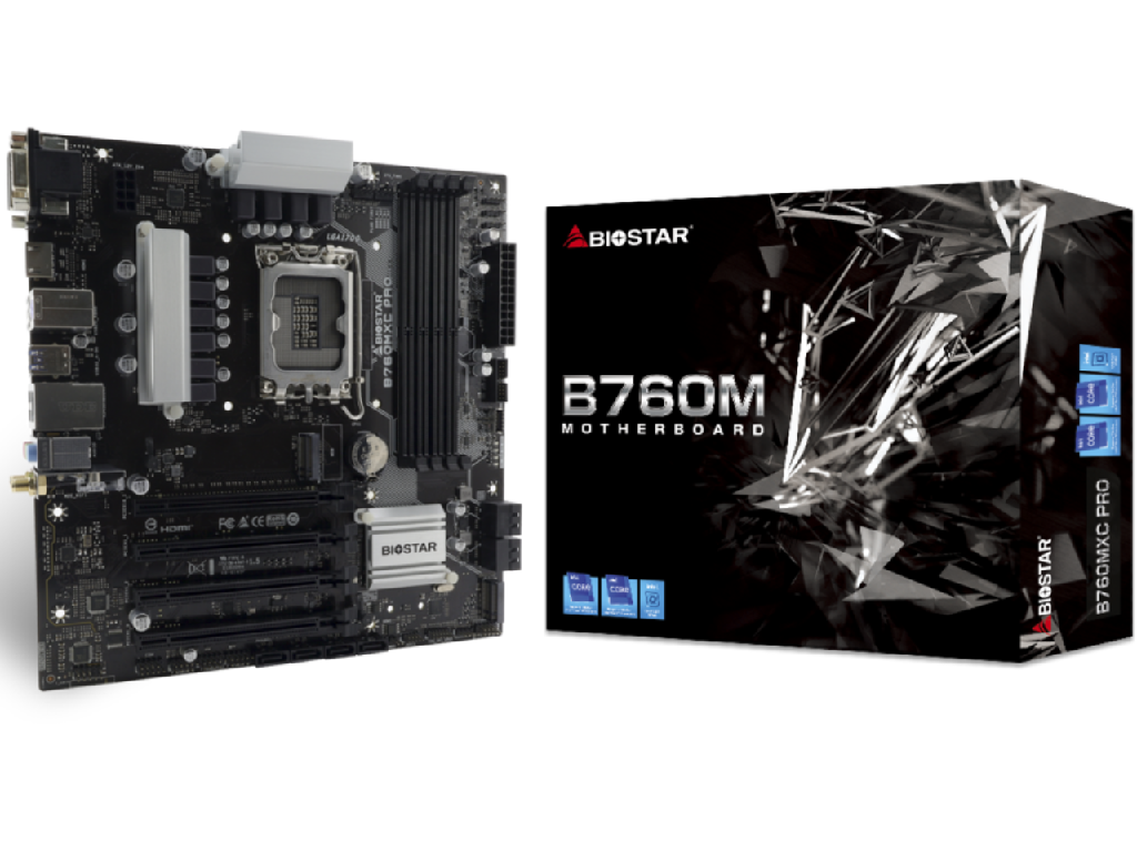 BIOSTAR B760MXC PRO, Socket 1700, Intel® B760 (14/13/12th Gen CPU), CPU graphics, VGA, DVI, HDMI, Dual 4xDDR5-6000, 4xPCIe X16 4.0, 8xSATA3, 2xM.2 4.0, RAID, 1xM.2 E-key for Wi-Fi, ALC897 7.1 HDA, 2.5GbE LAN, 1xUSB-C 3.2 Gen2, 5xUSB 3.2, VIVID LED DJ RGB, mATX