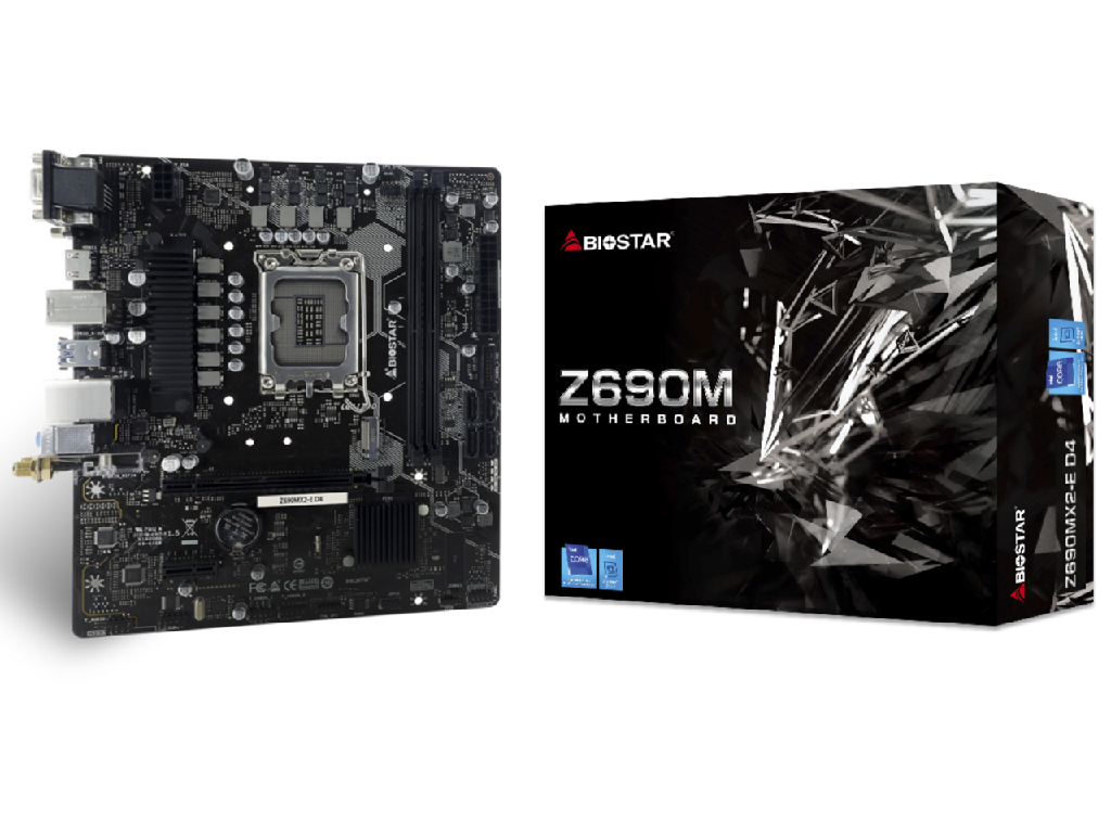 BIOSTAR Z690MX2-E D4, Socket 1700, 10Phases, Intel® Z690 (14/13/12th Gen CPU), CPU graphics, VGA, DVI, HDMI, Dual 2xDDR4-4400, 1xPCIe X16 4.0, 4xSATA3, RAID, 1xM.2 4.0, 1xM.2 E-key for Wi-Fi, 1xPCIe X1, ALC897 7.1 HDA, 2.5GbE LAN, 4xUSB3.2, mATX