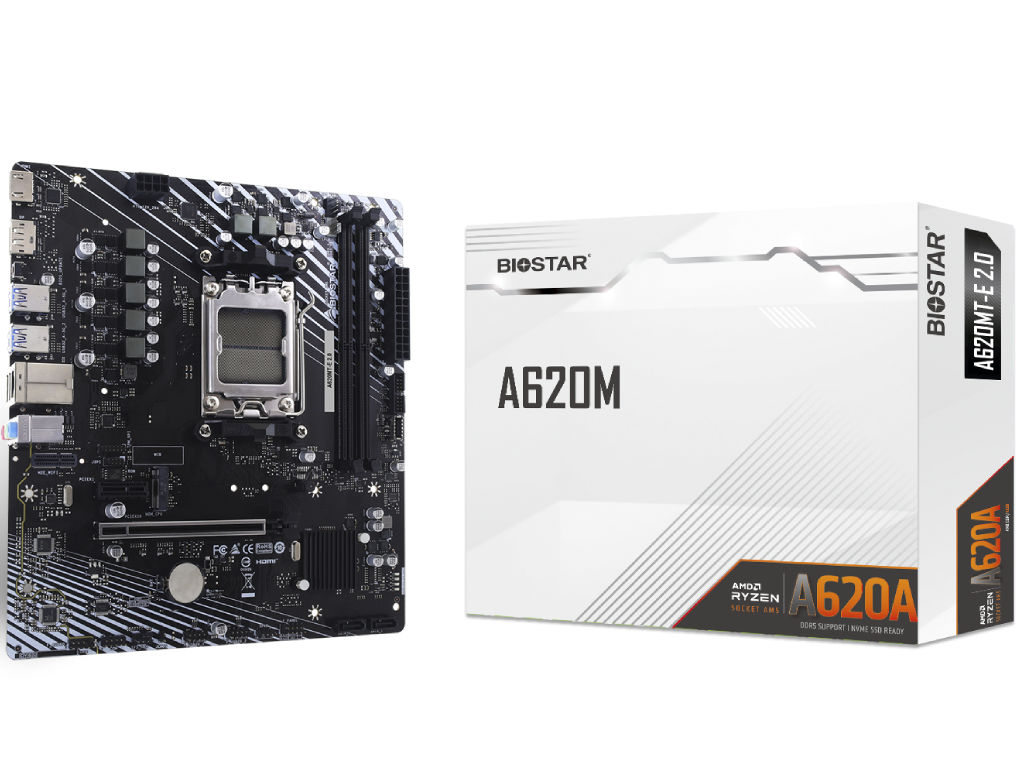 BIOSTAR A620MT-E 2.0, Socket AM5, 8Phases, AMD A620, Dual 2xDDR5-8000, APU AMD graphics, HDMI, DP, 1xPCIe X16, 2xSATA3, RAID, 1xM.2 4.0, 1xM.2-E for WiFi, 1xPCIe X1, ALC897 7.1 HDA, GbE LAN, Front 1xUSB-C 3.2 Gen2 header, 6xUSB3.2, mATX