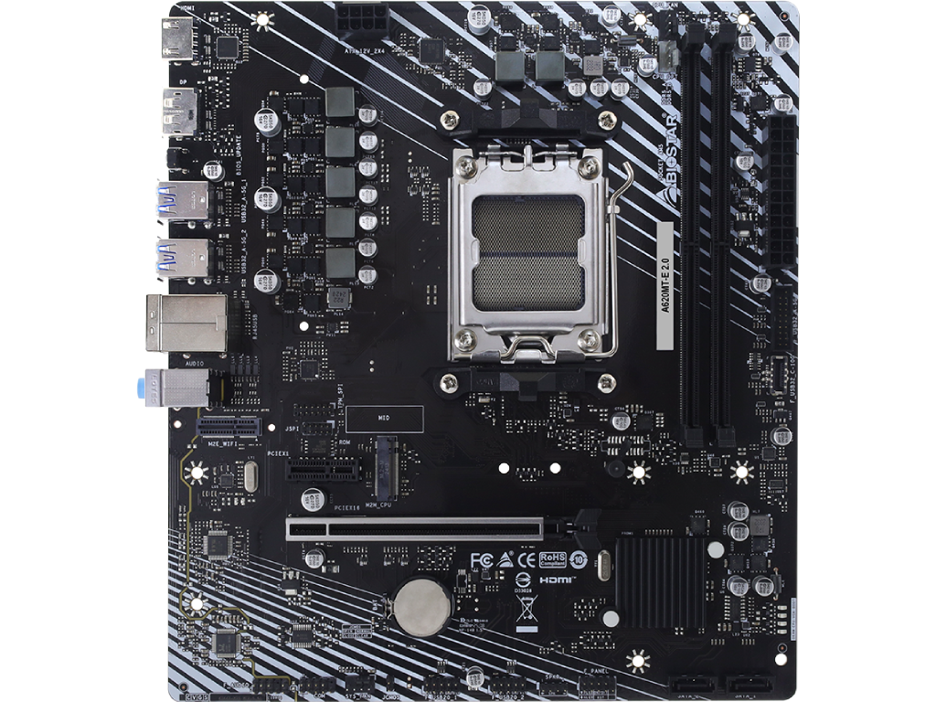 BIOSTAR A620MT-E 2.0, Socket AM5, 8Phases, AMD A620, Dual 2xDDR5-8000, APU AMD graphics, HDMI, DP, 1xPCIe X16, 2xSATA3, RAID, 1xM.2 4.0, 1xM.2-E for WiFi, 1xPCIe X1, ALC897 7.1 HDA, GbE LAN, Front 1xUSB-C 3.2 Gen2 header, 6xUSB3.2, mATX - миниатюра 2