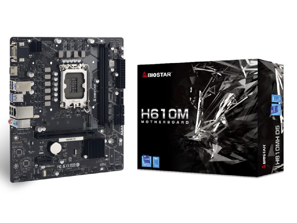 BIOSTAR H610MH D5, Socket 1700, Intel® H610 (13/12th Gen CPU), CPU graphics, VGA, HDMI, Dual 2xDDR5-4800, 1xPCIe X16 4.0, 4xSATA3, 1xPCIe X1, 1xM.2, ALC897 HDA, 1xGbE LAN, 4xUSB3.2, mATX