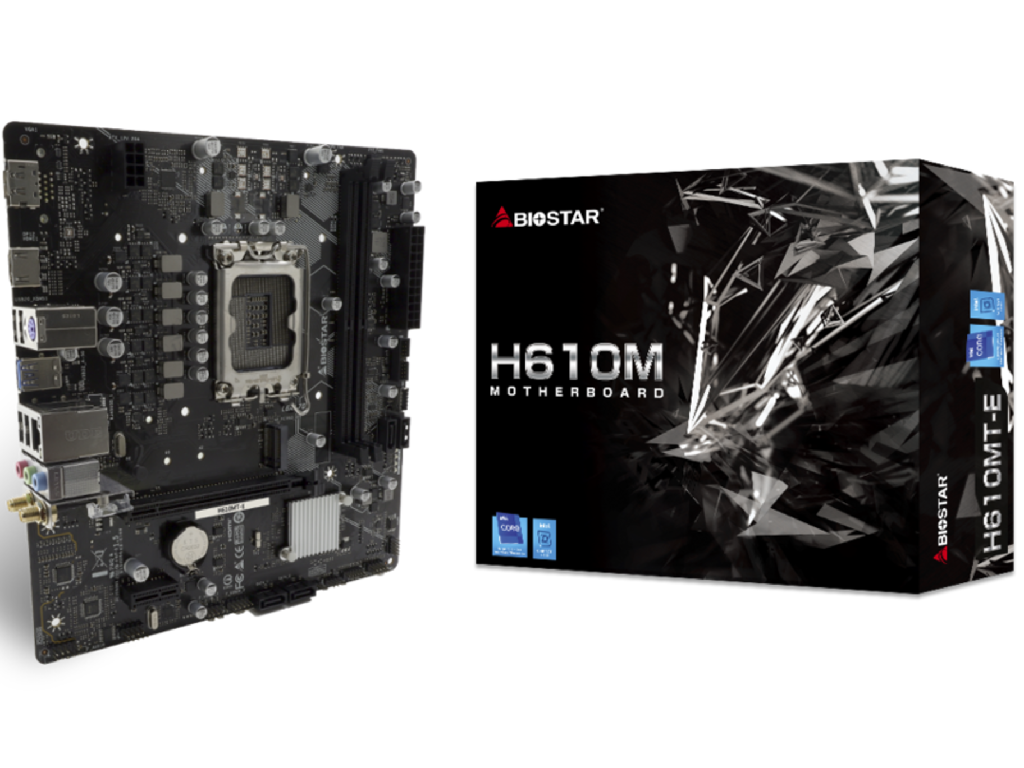 BIOSTAR H610MT-E, Socket 1700, Intel® H610 (14/13/12th Gen CPU), 8Phases, CPU graphics, HDMI, DP, Dual 2xDDR4-3200, 1xPCIe X16 4.0, 4xSATA3, 1xPCIe X1, 1xM.2, 1 x M.2 (E Key) for WiFi, ALC897 HDA, 1xGbE LAN, 1xUSB-C Gen2 header, 3xUSB3.2, mATX