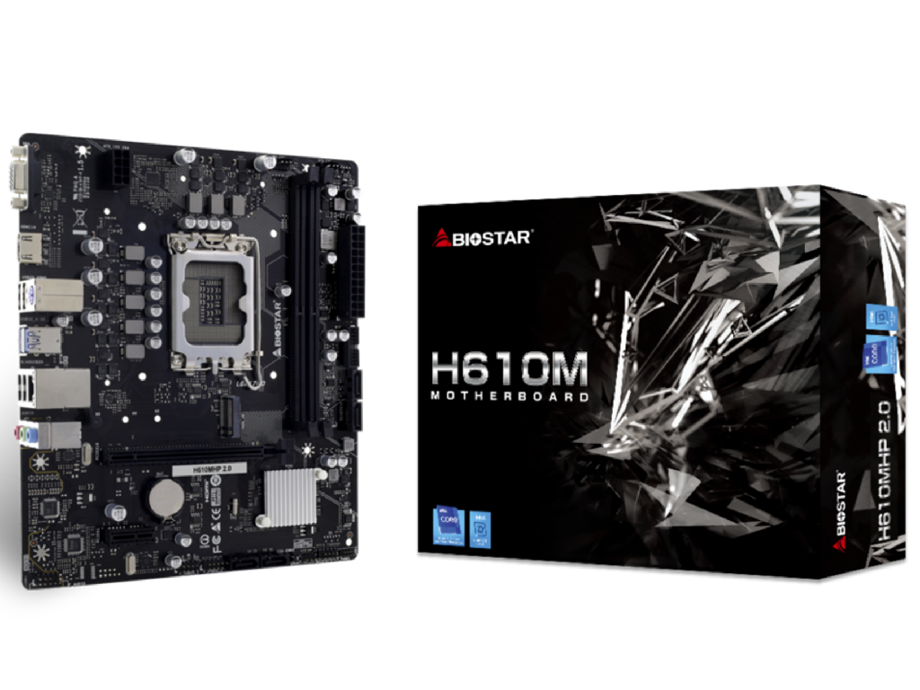 BIOSTAR H610MHC 2.0, Socket 1700, Intel® H610 (14/13/12th Gen CPU), CPU graphics, VGA, HDMI, Dual 2xDDR4-3200, 1xPCIe X16 4.0, 4xSATA3, 1xPCIe X1, 1xM.2, ALC897 HDA, 1xGbE LAN, 4xUSB3.2, mATX