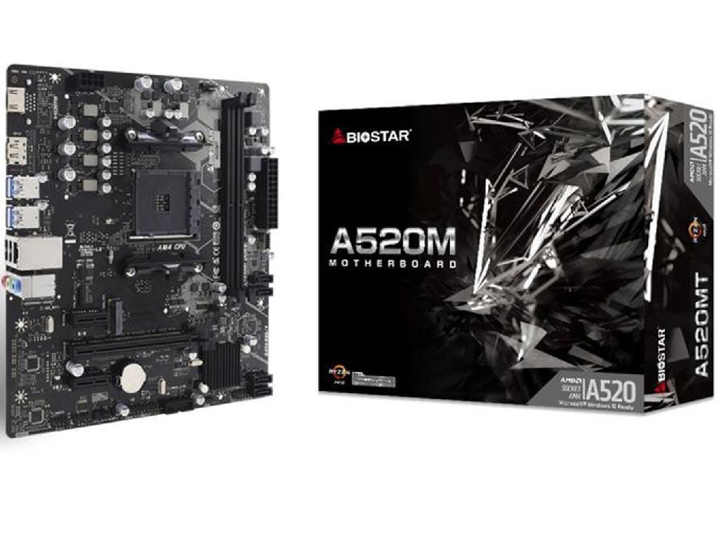 BIOSTAR A520MT, Socket AM4, AMD A520, Dual 2xDDR4-4933, APU AMD graphics, HDMI, DP, 1xPCIe 3.0 X16, 4xSATA3, RAID, 1xM.2 Slot, 2xPCIe 3.0 X1, ALC897 HDA, GbE LAN, 1xUSB-C 3.2 Gen2 header, 4xUSB3.2, mATX