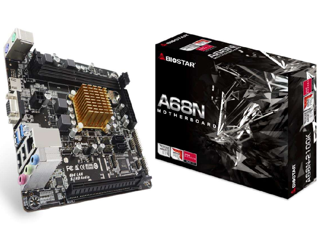 BIOSTAR A68N-2100K, MB + CPU onboard Dual-core AMD E1-6010 1.35GHz, 2xDDR3-1600, AMD Radeon R2 Graphics, support HDCP, VGA, HDMI, 1x PCI-Ex16, 2xSATA3, COM+LPT headers, ALC887 7.1-Ch HDA, 1xGbE LAN, 2xUSB3.2 Gen1, 2xUSB 2.0, mini-ITX