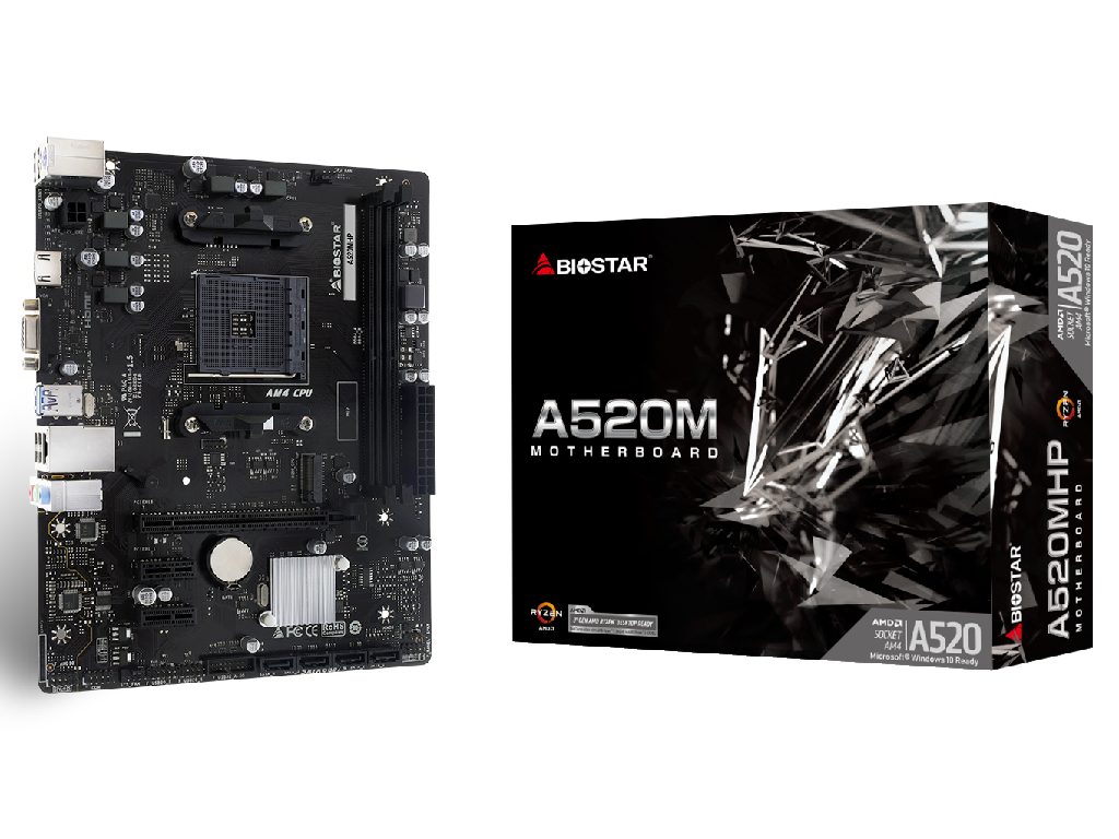 BIOSTAR A520MHP, Socket AM4, AMD A520, Dual 2xDDR4-4400+, APU AMD graphics, VGA, HDMI, 1xPCIe X16, 4xSATA3, RAID, 1xM.2 Slot, 2xPCIe X1, ALC897 HDA, GbE LAN, 4xUSB3.2, mATX