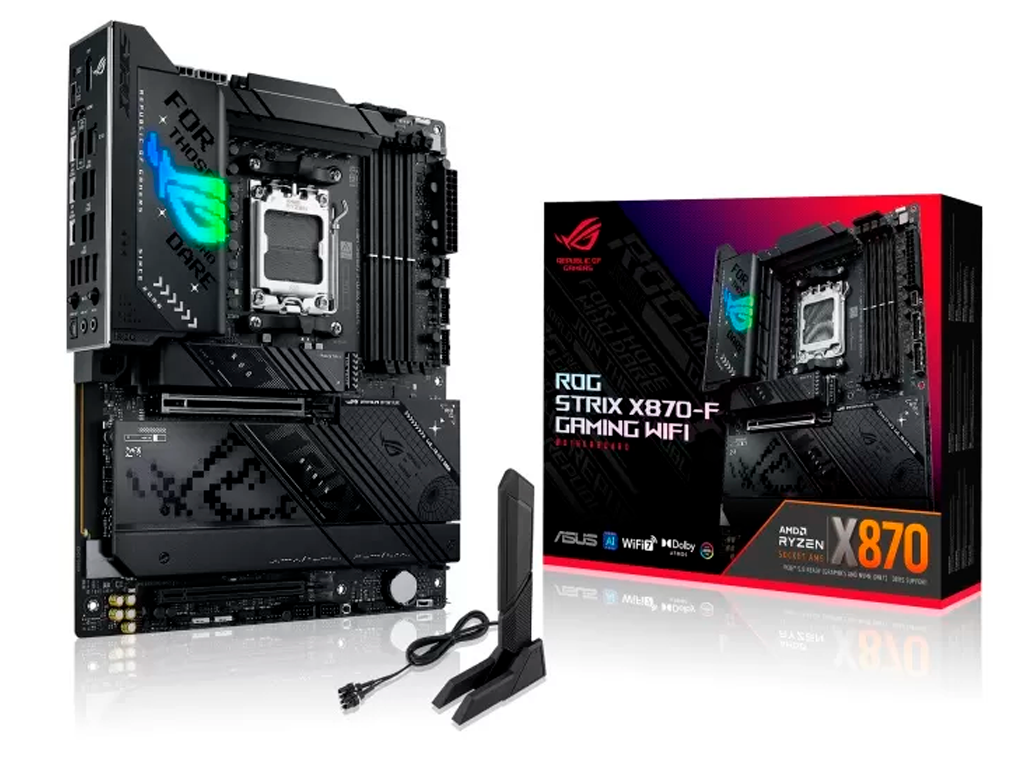 ASUS ROG STRIX X870-F GAMING WIFI, Socket AM5, AMD X870, 20Phases, Dual 4xDDR5-8000+, APU AMD graphics, HDMI, DP, 2xPCIe 5.0 X16, 2xSATA3, RAID, 4xM.2 PCIe 5.0, 1xPCIe x4, ALC 4080 HDA, 2.5GbE LAN, WiFi7/BT, 2xUSB4(Type-C), 1xUSB-C2x2, 6xUSB3.2 Gen2(5A+1C), 4xUSB3.2, Aura Sync RGB 2.0, ATX