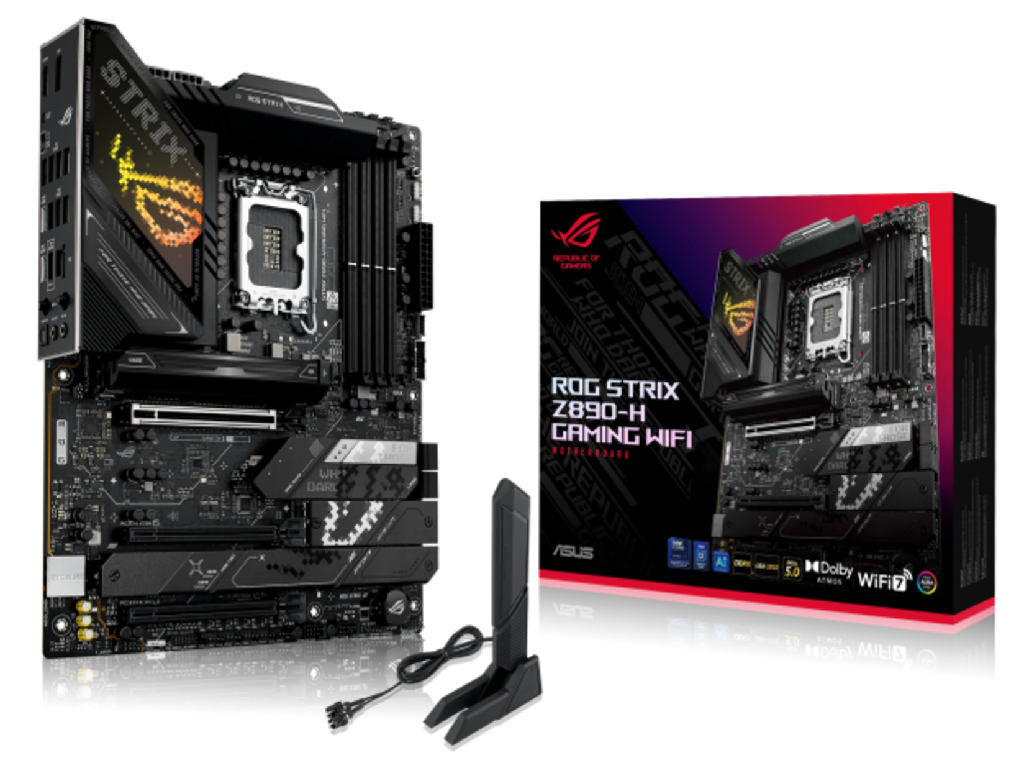 ASUS ROG STRIX Z890-H GAMING WIFI Intel Z890, LGA1851, Dual DDR5 9066+ MHz, PCIe 5.0 x16, 2xPCIe 4.0 x16, DP/HDMI, PCIe RAID, SATA RAID, M.2 PCIe 5.0 x4, 3xM.2 slots PCIe 4.0 x4, SB 8-Ch., Wi-Fi 7 802.11be BT5.4, 2.5Gb Ethernet, Aura