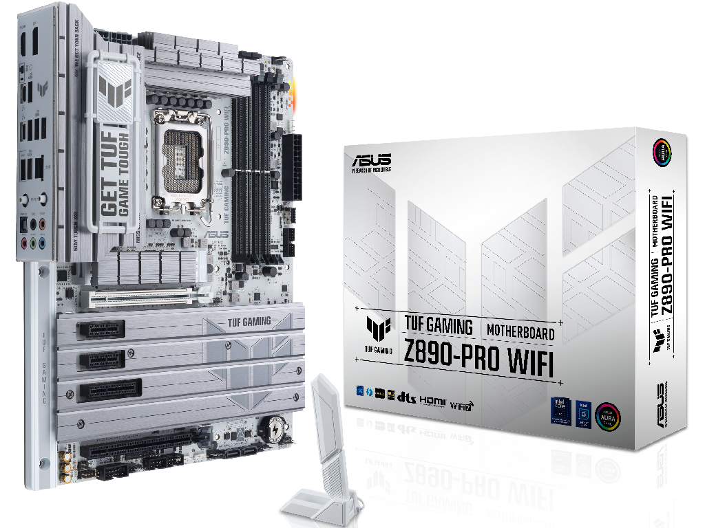 ASUS TUF GAMING Z890-PRO WIFI Intel Z890, LGA1851, Dual DDR5 9066+ MHz, PCIe 5.0 x16, PCIe 4.0 x16, DP/HDMI/2xThunderbolt4 video/USB Type-C video, PCIe RAID,SATA RAID,M.2 PCIe 5.0 x4, 3xM.2 slots PCIe 4.0 x4, SB 8-Ch., Wi-Fi 7 802.11be BT5.4, 2.5Gb Ether