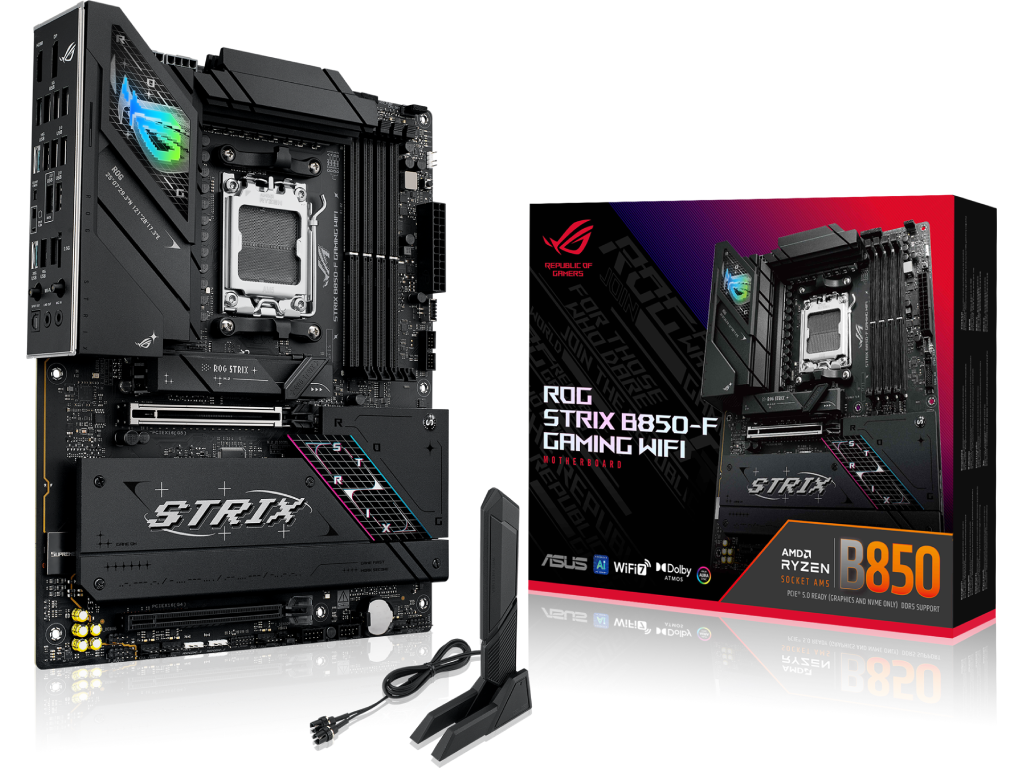 ASUS ROG STRIX B850-F GAMING WIFI AMD B850, AM5, Dual DDR5 8000+MHz, 2xPCIe 5.0 x16 slot, HDMI/DisplayPort, USB Type-C, SATA PCIe RAID, 2xM.2 PCIe 5.0 x4, M.2 PCIe 4.0 x4, Wi-Fi 7 802.11be BT 5,4, 2.5Gb Ethernet, Aura (placa de baza/материнская плата)
