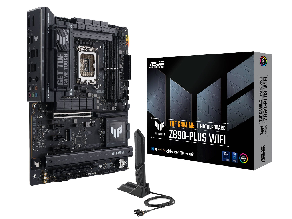 ASUS TUF GAMING Z890-PLUS WIFI Intel Z890, LGA1851, Dual DDR5 9066+ MHz, PCIe 5.0 x16, PCIe 4.0 x16, DP/HDMI/Thunderbolt4 video/USB Type-C video, PCIe RAID,SATA RAID, M.2 PCIe 5.0 x4, 3xM.2 slots PCIe 4.0 x4, SB 8-Ch., Wi-Fi 7 802.11be BT5.4, 2.5Gb Ether