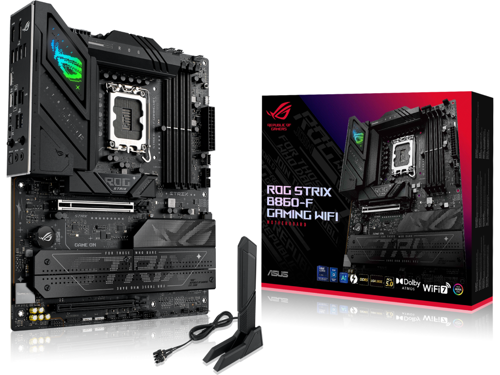 ASUS ROG STRIX B860-F GAMING WIFI Intel B860, LGA1851, Dual DDR5 9066+ MHz, PCIe 5.0 x16, PCIe 4.0 x16, DP/HDMI/Thunderbolt4 video/USB Type-C video, Intel SATA RAID, M.2 PCIe 5.0 x4, 3xM.2 slots PCIe 4.0 x4, SB 8-Ch., Wi-Fi 7 802.11be BT5.4, 2.5Gb Ether