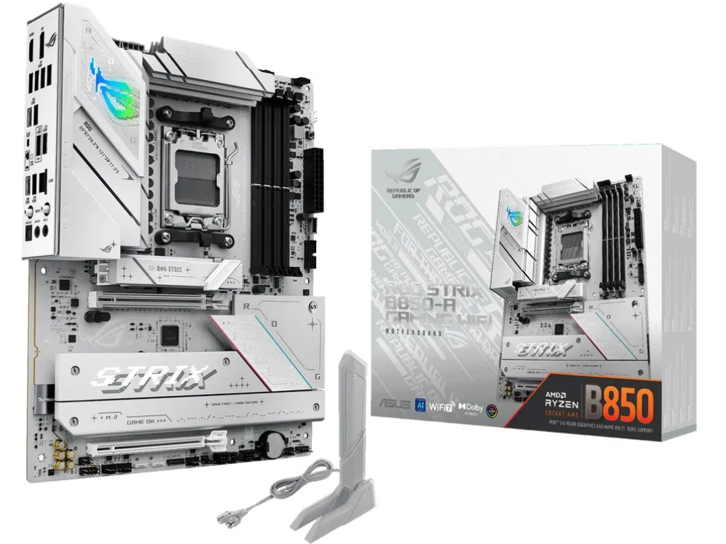 ASUS ROG STRIX B850-A GAMING WIFI, Socket AM5, AMD B850, 18Phases, Dual 4xDDR5-8000, APU AMD graphics, HDMI, DP, 2xPCIe 5.0 X16, 2xSATA3, RAID, 4xM.2 PCIe 5.0, 2xPCIe x1, ALC4080 HDA /SPDIF, 2.5GbE LAN, WiFi7/BT, 1xUSB-C Gen2x2, 4xUSB3.2 Gen2(2C+2A), 4xUSB3.2, Aura Sync RGB 2.0, ATX, White