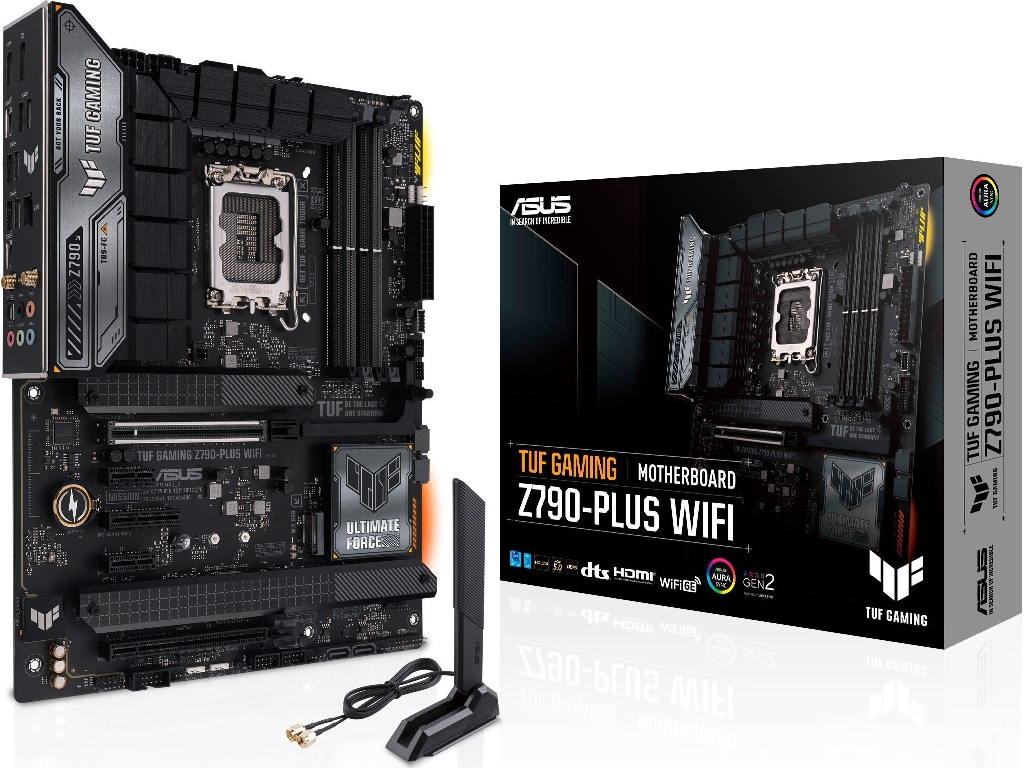 ASUS TUF GAMING Z790-PLUS WIFI, Socket 1700, 17Phases, Intel® Z790 (13/12th Gen CPU), CPU graphics, HDMI, DP, Dual 4xDDR5-7200, 2xPCIe x16 5.0, 4xSATA3, RAID, 4xM.2 4.0, 2xPCIe x1, 1xPCIe x4, Realtek S1220A, 2.5GbE LAN, WiFi6E/BT, 1xUSB-C 3.2Gen2x2, 4xUSB 3.2Gen2(A+C), 6xUSB3.2, Aura Sync RGB, ATX