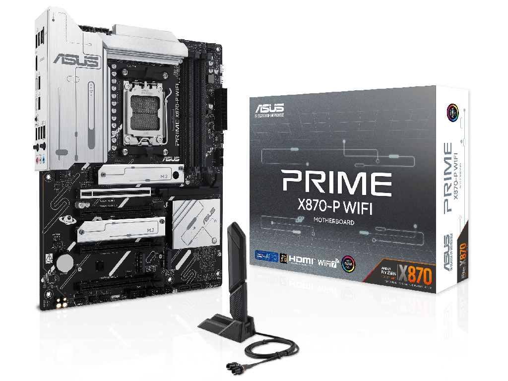 ASUS PRIME X870-P WIFI, Socket AM5, AMD X870, 17Phases, Dual 4xDDR5-8000, APU AMD graphics, HDMI, 4xPCIe 5.0 X16, 2xSATA3, RAID, 4xM.2 PCIe 5.0, Realtek 7.1 HDA, 2.5GbE LAN, WiFI7/BT, 2xUSB4, 2xUSB3.2 Gen2 (1C+1A), 5xUSB3.2, Aura Sync RGB 2.0, 5X Pro III, ATX