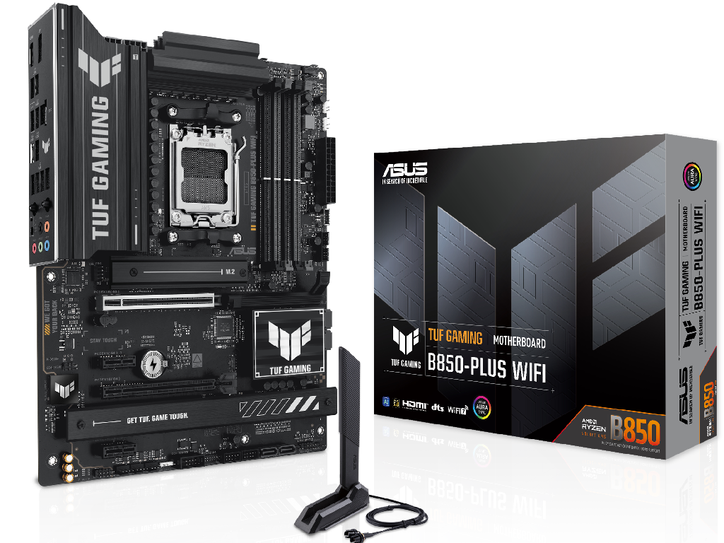 ASUS TUF GAMING B850-PLUS WIFI, Socket AM5, AMD B850, 17Phases, Dual 4xDDR5-8000, APU AMD graphics, HDMI, DP, 2xPCIe 5.0 X16, 4xSATA3, RAID, 3xM.2 PCIe 5.0, 2xPCIe x1, ALC S1220P HDA, 2.5GbE LAN, WiFi7/BT, 1xUSB-C Gen2x2, 4xUSB3.2 Gen2(1C+3A), 6xUSB3.2, Aura Sync RGB 2.0, ATX