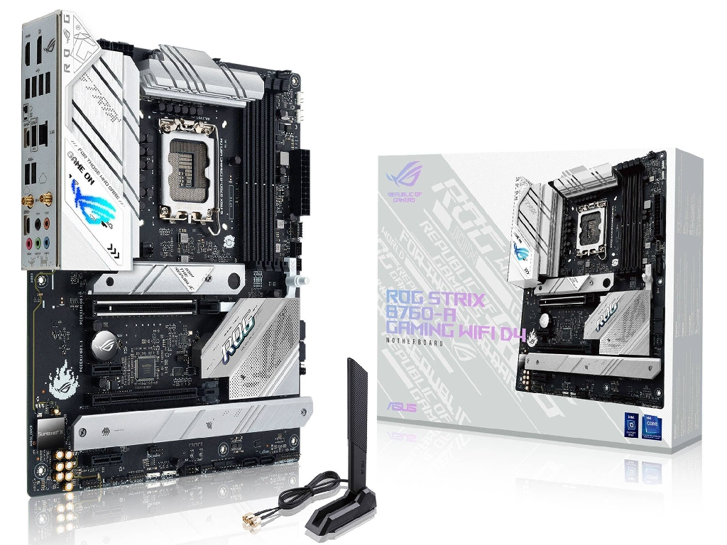ASUS ROG STRIX B760-A GAMING WIFI, Socket 1700, 17Phases, Intel® B760 (13/12th Gen CPU), CPU iGPU, HDMI, DP, Dual 4xDDR5-7800, 2xPCIe X16 5.0, 4xSATA3, RAID, 3xM.2 4.0, 2xPCIe X1, ALC4080, 2.5GbE LAN, WiFI6E/BT, 1xUSB-C 3.2Gen 2x2, 2xUSB3.2 Gen2(A+C), 5xUSB3.2(4A+1C), Aura Sync RGB, ATX