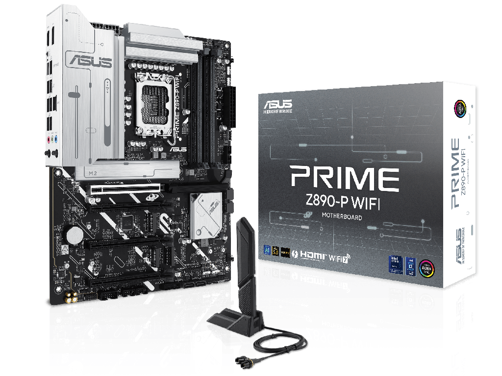 ASUS PRIME Z890-P WIFI, Socket 1851, 18Phases, Intel® Z890 (Ultra 2 Series CPU), CPU graphics, HDMI, DP, Dual 4xDDR5-8666, 4xPCIe X16 5.0, 4xSATA3, RAID, 4xM.2 5.0, 1xPCIe X1, Realtek 7.1 HDA, 2.5GbE LAN, WiFi7/BT, 1xTB4(USB-C), 2xUSB3.2Gen2(A+C), 6xUSB3.2, RGB Aura Sync, ATX