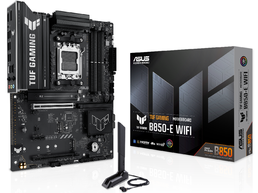 ASUS TUF GAMING B850-E WIFI AMD B850, AM5, Dual DDR5 8000+MHz, PCIe 5.0 x16 slot, HDMI/DisplayPort, USB Type-C, SATA PCIe RAID, M.2 PCIe 5.0 x4 Socket, 2xM.2 PCIe 4.0 x4, Wi-Fi 6E 802.11ax, 2.5Gb Ethernet, Aura (placa de baza/материнская плата)