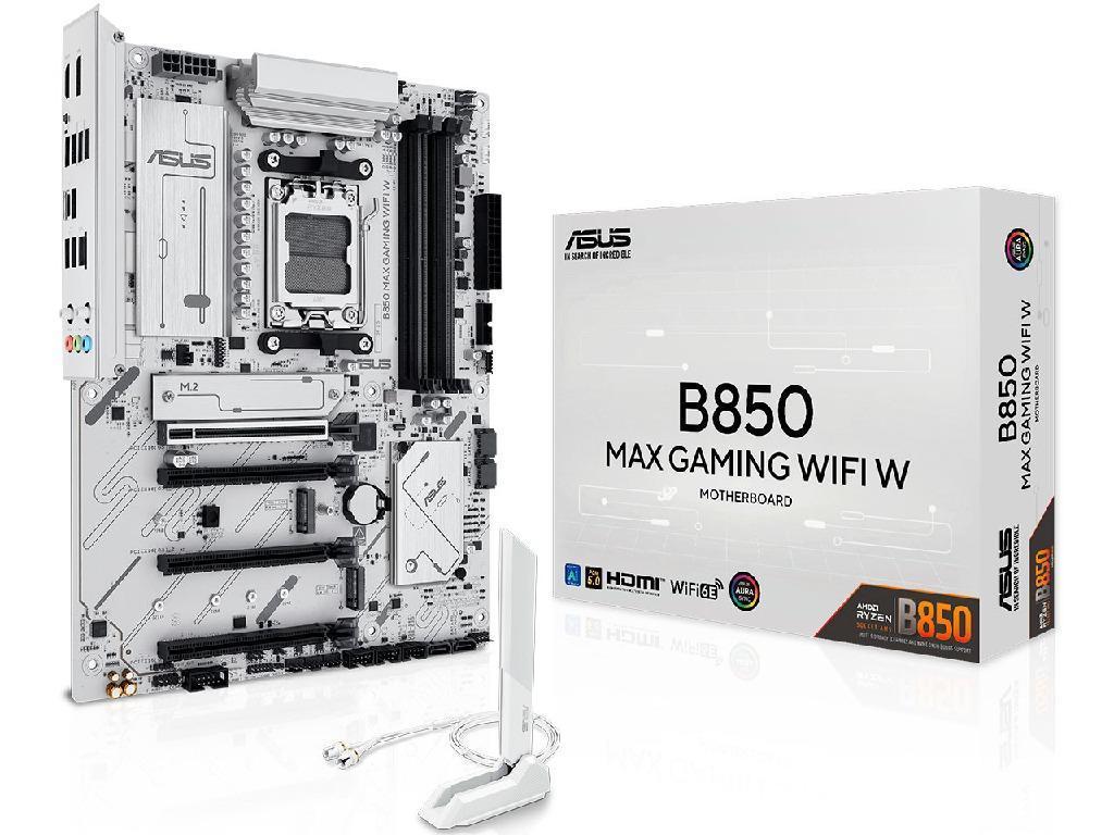 ASUS B850 MAX GAMING WIFI W, Socket AM5, AMD B850, 11Phases, Dual 4xDDR5-8000, APU AMD graphics, HDMI, DP, 4xPCIe 5.0 X16, 4xSATA3, RAID, 3xM.2 PCIe 5.0, 2xPCIe x1, Realtek 7.1 HDA, 2.5GbE LAN, WiFi6E/BT, 4xUSB3.2 Gen2(1C+3A), 5xUSB3.2(1C+4A), Aura Sync RGB 2.0, White, ATX