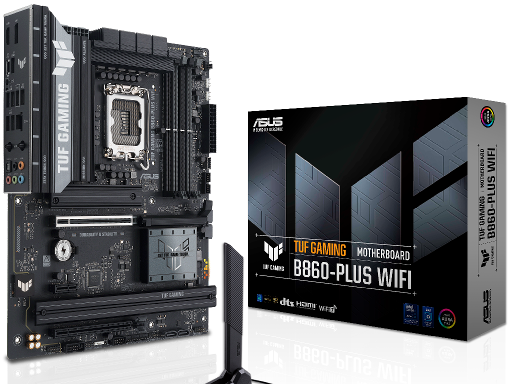 ASUS TUF GAMING B860-PLUS WIFI Intel B860, LGA1851, Dual DDR5 8666+ MHz, PCIe 5.0 x16, PCIe 4.0 x16, DP/HDMI/Thunderbolt4 video/USB Type-C video, Intel SATA RAID, M.2 PCIe 5.0 x4, 3xM.2 slots PCIe 4.0 x4, SB 8-Ch., Wi-Fi 7 802.11be BT5.4, 2.5Gb Ether
