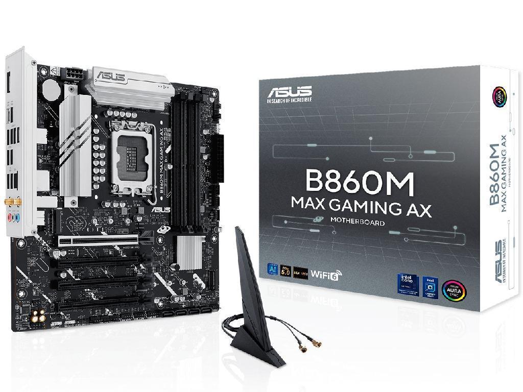 ASUS B860M MAX GAMING AX Intel B860, LGA1851, Dual DDR5 8666+ MHz, PCIe 5.0 x16, PCIe 4.0 x16, DP/USB Type-C video, Intel SATA RAID, M.2 PCIe 5.0 x4, 2xM.2 slots PCIe 4.0 x4, SB 8-Ch., Wi-Fi 6 BT5.4, 2.5Gb Ethernet