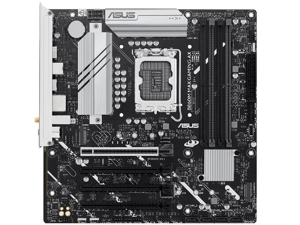 ASUS B860M MAX GAMING AX Intel B860, LGA1851, Dual DDR5 8666+ MHz, PCIe 5.0 x16, PCIe 4.0 x16, DP/USB Type-C video, Intel SATA RAID, M.2 PCIe 5.0 x4, 2xM.2 slots PCIe 4.0 x4, SB 8-Ch., Wi-Fi 6 BT5.4, 2.5Gb Ethernet - миниатюра 2
