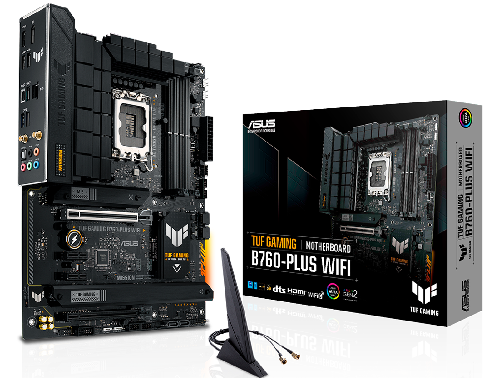 ASUS TUF GAMING B760-PLUS WIFI Intel B760, LGA1700, Dual DDR5 7200+MHz, PCIe 5.0 x16, Display Port/HDMI, USB3.2, USB Type-C, SATA RAID, 3 x M.2 slots PCIe 4.0 x4, SB 8-Ch., 2.5Gb Ethernet, Wi-Fi 6 802.11ax, Aura Sync RGB Lighting