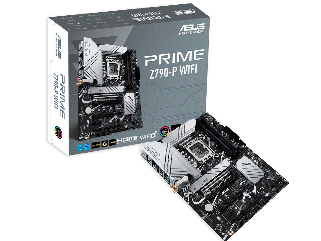 ASUS PRIME Z790-P WIFI, Socket 1700,15Phases, Intel® Z790 (13/12th Gen CPU), CPU iGPU, HDMI, DP, Dual 4xDDR5-7200, 4xPCIe x16 5.0, 4xSATA3, RAID, 3xM.2 4.0, 1xPCIe X1, Realtek Audio 7.1, 2.5GbE LAN, WiFi6/BT5.2, 1xUSB-C 3.2 Gen2x2, 2xUSB 3.2Gen2(A+C), 6xUSB3.2, 1xTB Header, Aura Sync RGB, ATX
