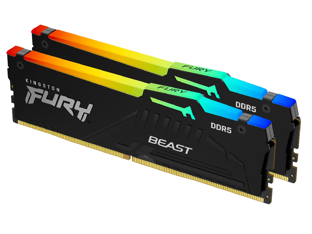 64GB (Kit of 2*32GB) DDR5-6000 Kingston FURY® Beast DDR5 RGB EXPO, PC48000, CL30, 2Rx8, 1.4V, Auto-overclocking, Asymmetric BLACK Large heat spreader, Dynamic RGB effects featuring HyperX Infrared Sync technology, AMD® EXPO v1.0 and Intel® Extreme Memory Profiles (Intel® XMP) 3.0