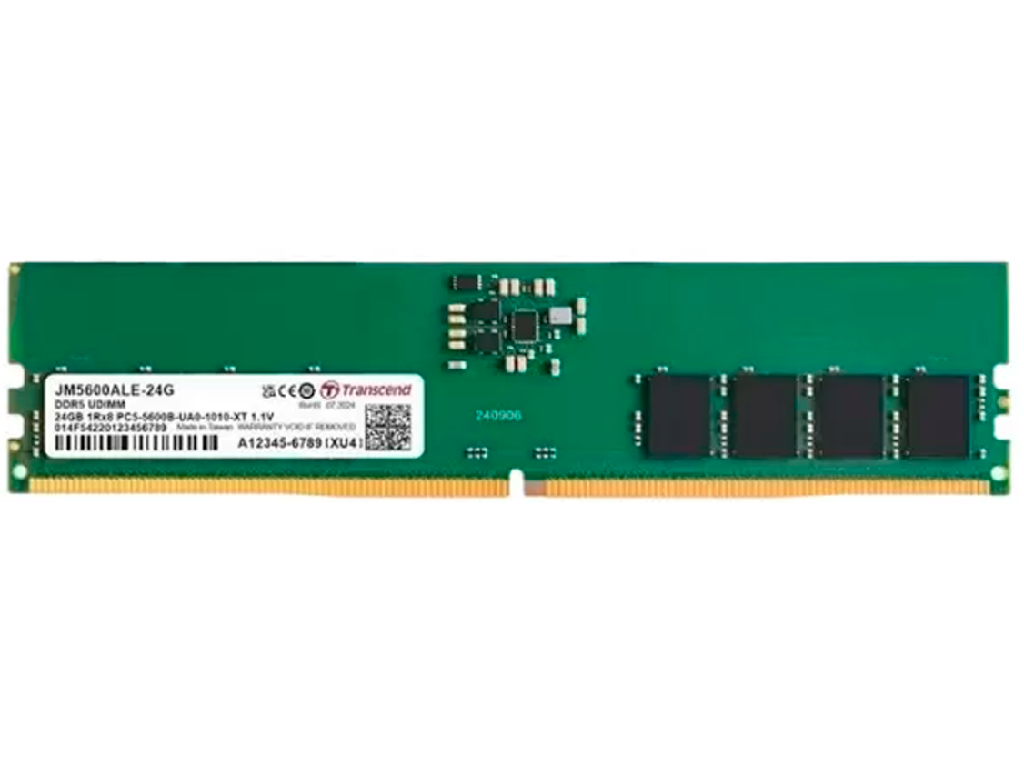 24GB DDR5-5600MHz Transcend JetRam (JM5600ALE-24G), (3Gx8)x8, 1Rx8, CL46, 1.1V Capacitatea Memoriei (Total) 24GB Tip Memorie DDR5 SDRAM Frecven%3Fa memorie 5600 MHz Laten%3Fa CAS CL46 Tensiune RAM 1.1V